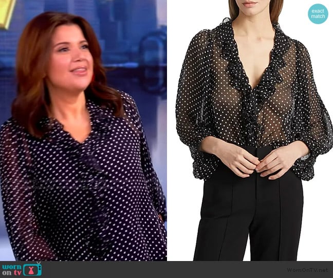 Alice + Olivia Betsie Clip Dot Ruffle Sheer Silk Blend Top worn by Ana Navarro on The View