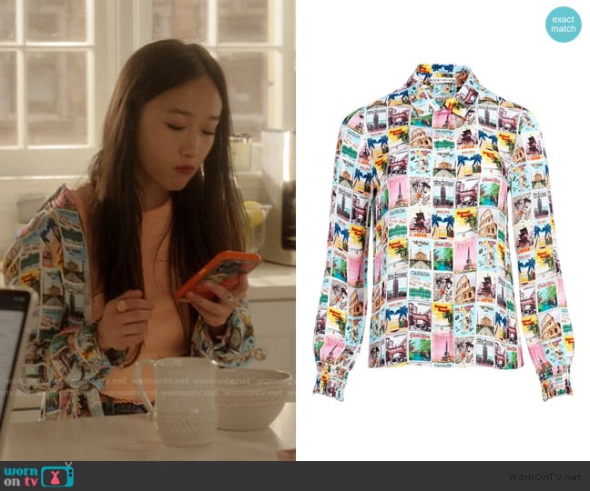 Alice + Olivia Willa Printed Shirt worn by Lily Goldenblatt (Cathy Ang) on And Just Like That