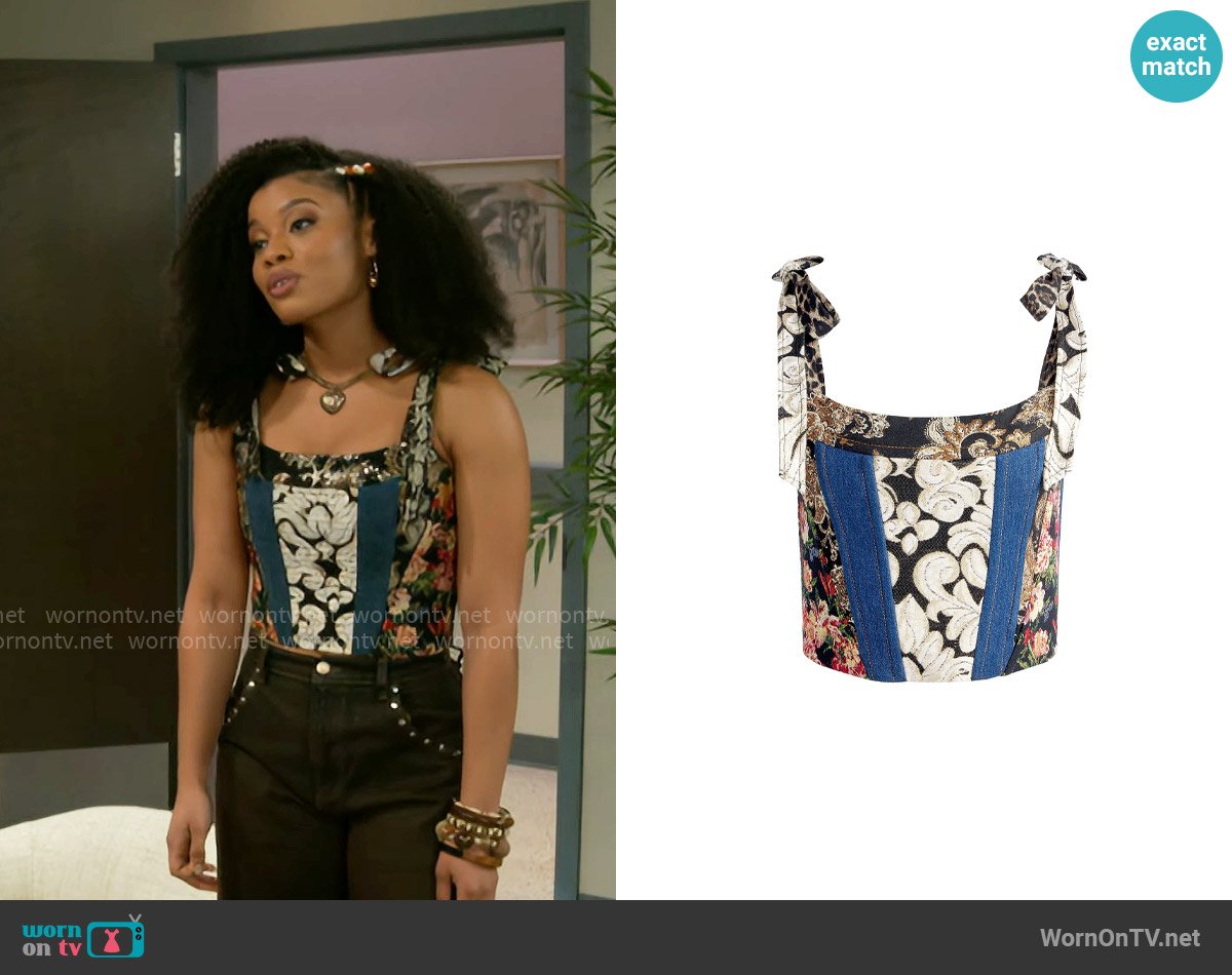 Alice + Olivia Clara bow Tank Top in Lola Blue Multi worn by Eva Thomas (Ambyr Michelle) on Beyond the Gates