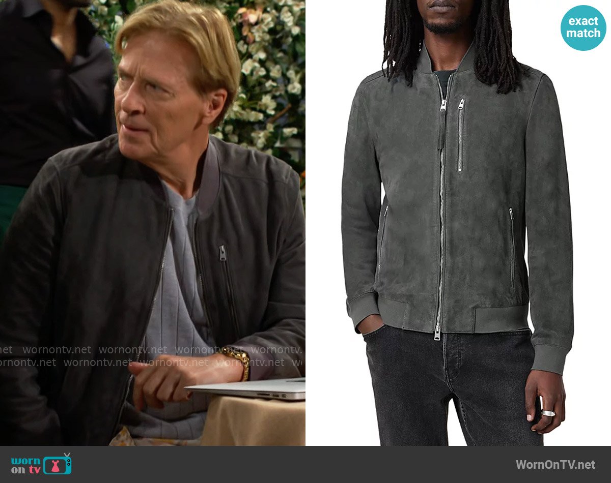 All Saints Kemble Suede Bomber Jacket in Slatestone worn by Nick Marone (Jack Wagner) on The Bold and the Beautiful