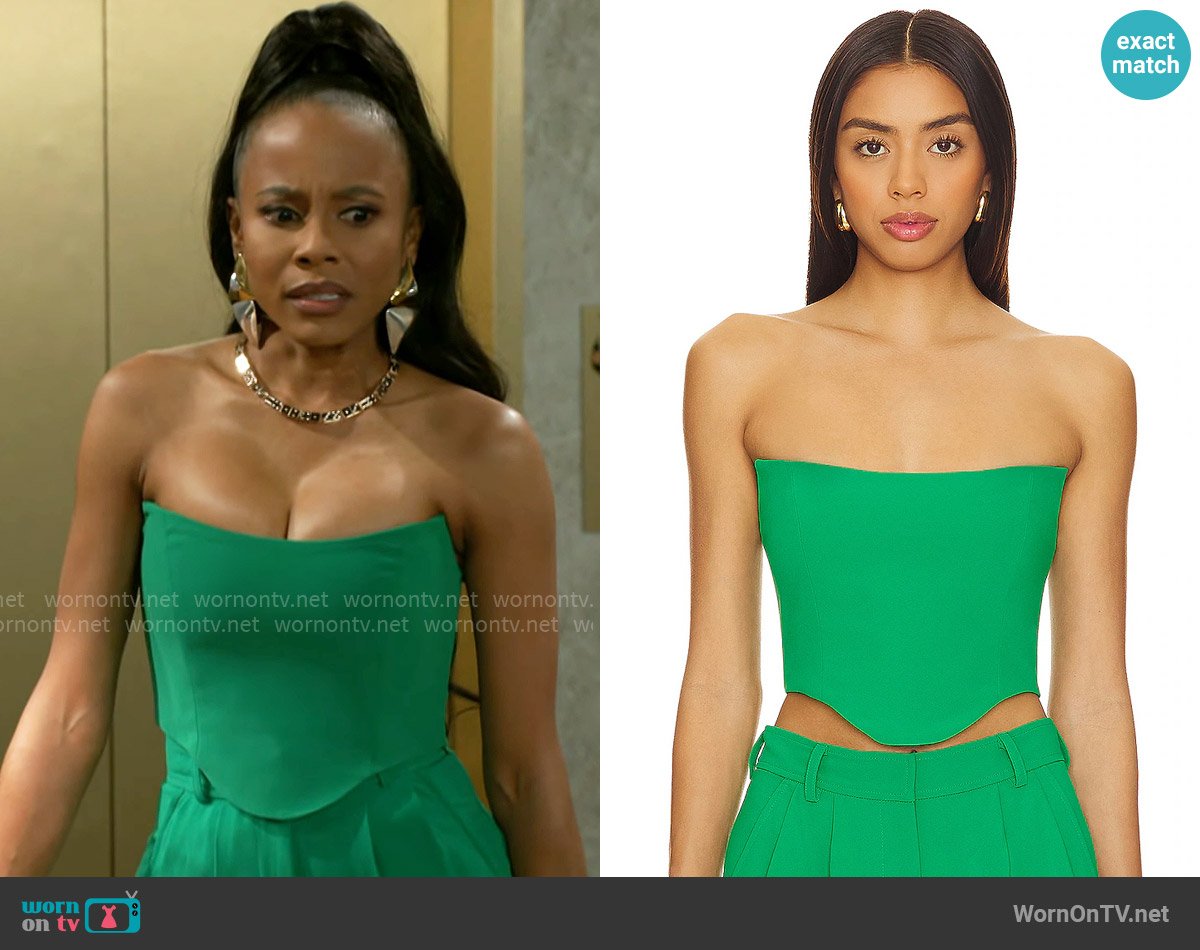 Amanda Uprichard Sabine Crop Top in Jungle worn by Hayley Lawson (Marquita Goings) on Beyond the Gates