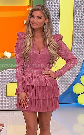 Amber's pink tiered v-neck mini dress on The Price is Right