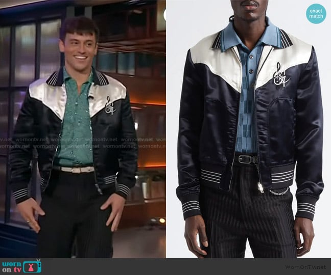 Amiri Music Note Embroidered Satin Bomber Jacket worn by Tom Daley on The Kelly Clarkson Show