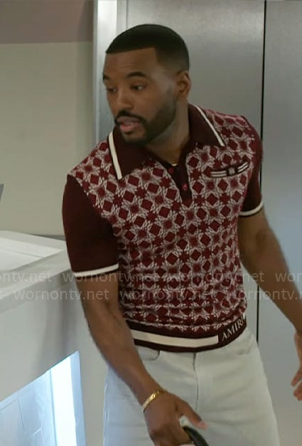 Andre’s burgundy geometric printed polo shirt on Beyond the Gates