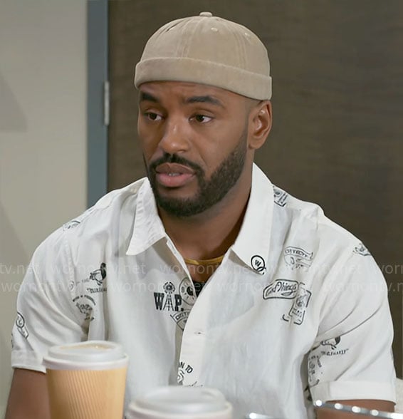 Andre’s white printed shirt on Beyond the Gates