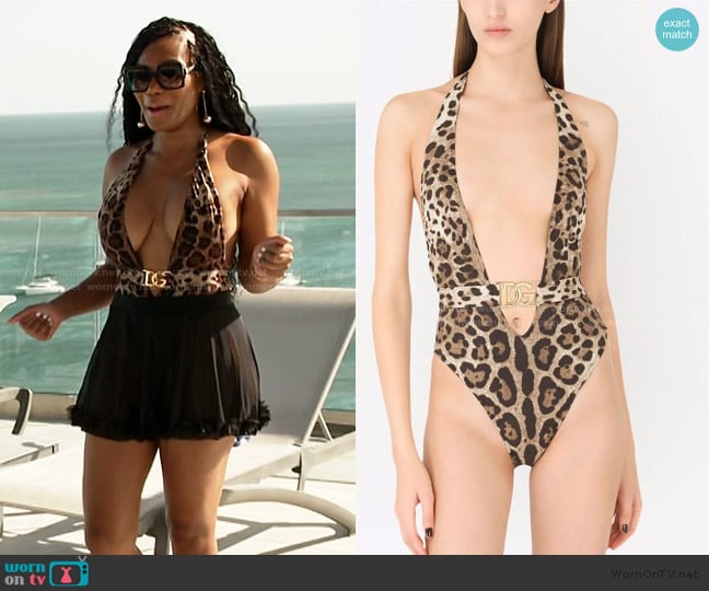 Dolce & Gabbana Leopard-print belted swimsuit worn by Angela Oakley on The Real Housewives of Atlanta