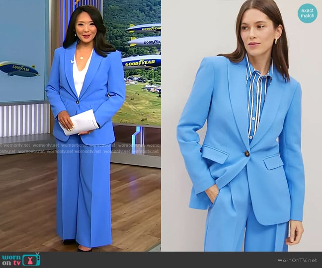 Ann Taylor Petite Fluid Crepe Fitted Long Blazer in Maritime Blue worn by Nancy Chen on CBS Evening News