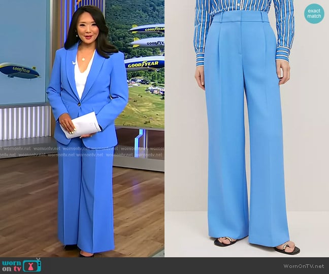 Ann Taylor The Petite Wide-Leg Pant in Fluid Crepe in Maritime Blue worn by Nancy Chen on CBS Evening News