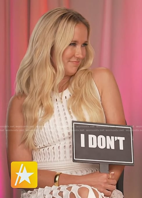 Anna Camp's white crochet knit dress on Access Hollywood
