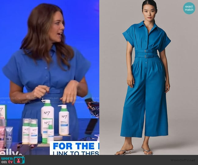 Monica Mangin’s blue belted jumpsuit on Live with Kelly