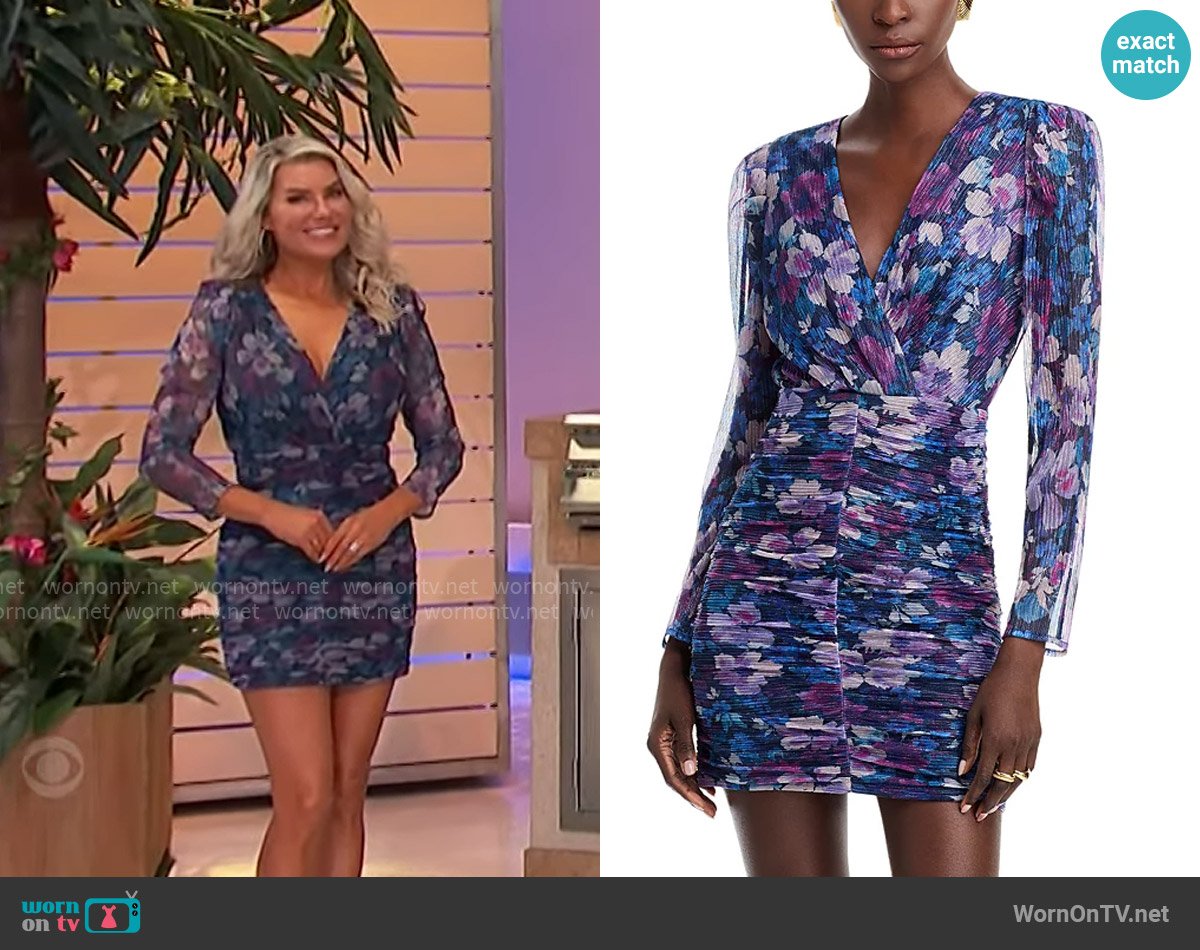 Aqua Floral Knit Metallic Mini Dress worn by Rachel Reynolds on The Price is Right