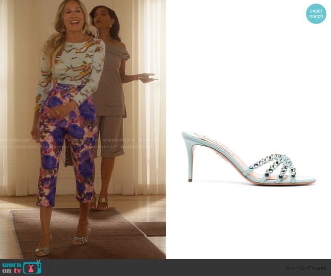 Aquazzura Tequila Crystal-embellished 75mm Mules In Blue worn by Carrie Bradshaw (Sarah Jessica Parker) on And Just Like That