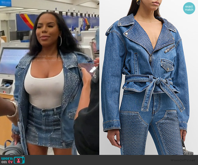 Area Crystal-Embellished Crop Denim Moto Jacket worn by Kelli Ferrell on The Real Housewives of Atlanta