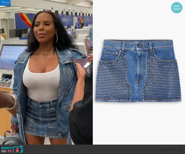 Area Crystal-embellished printed denim mini skirt worn by Kelli Ferrell on The Real Housewives of Atlanta