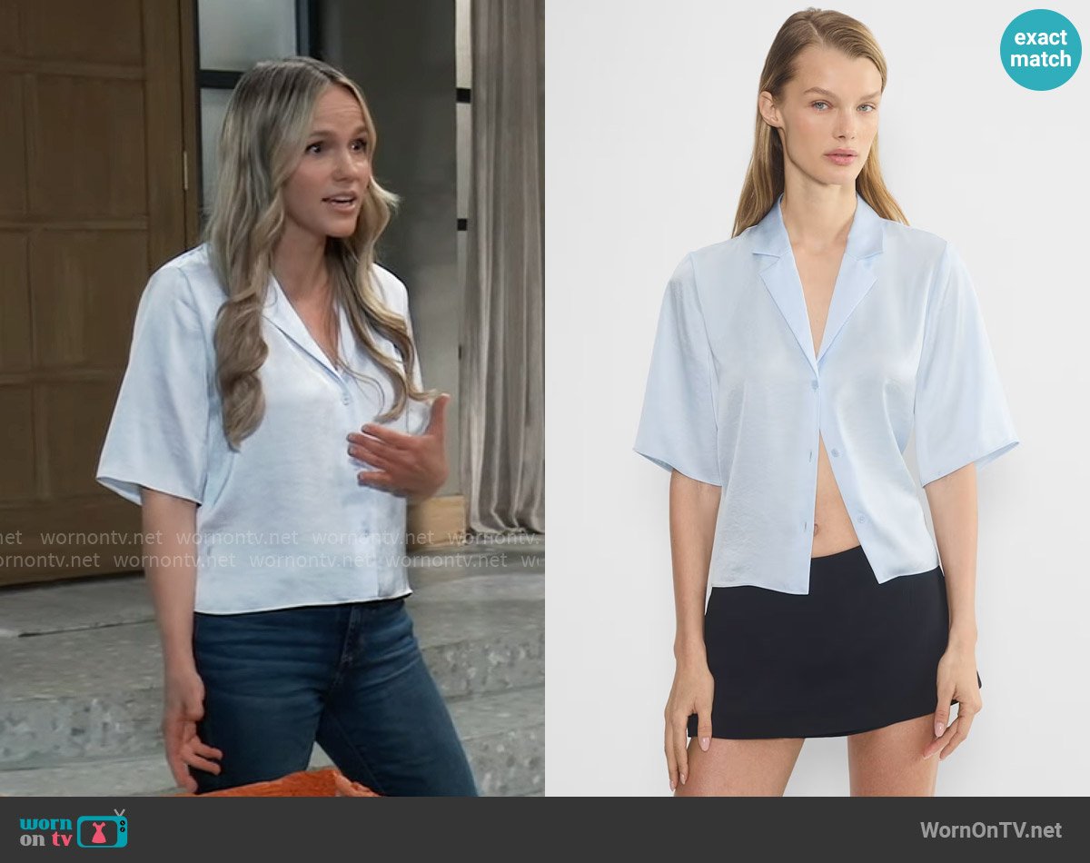 Wilfred at Aritzia Beso Satin Shirt in Glimmer worn by Lulu Spencer (Alexa Havins Bruening) on General Hospital
