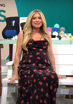 Ashley Bellman’s black and red floral maxi dress on CBS Mornings