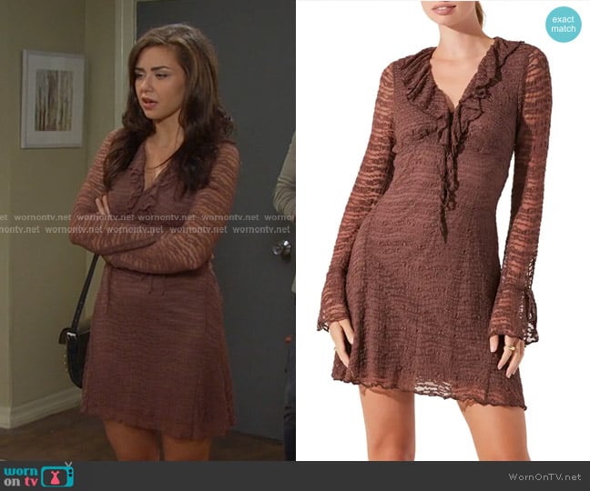 ASTR the Label Ruffle Long Sleeve Stretch Lace Minidress in Chocolate Brown worn by Ciara Brady (Victoria Konefal) on Days of our Lives