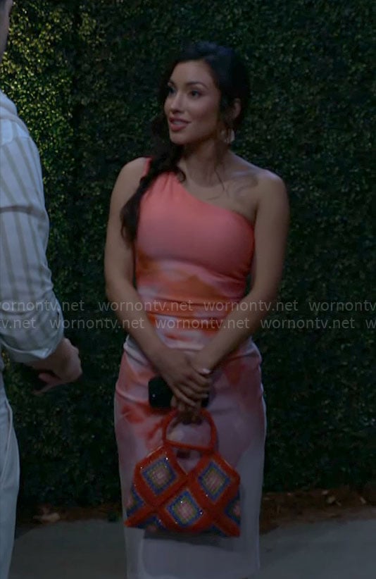 Audra's pink floral one-shoulder dress on The Young and the Restless