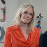 Ava’s red cowl-neck blouse and gold flower belt on General Hospital