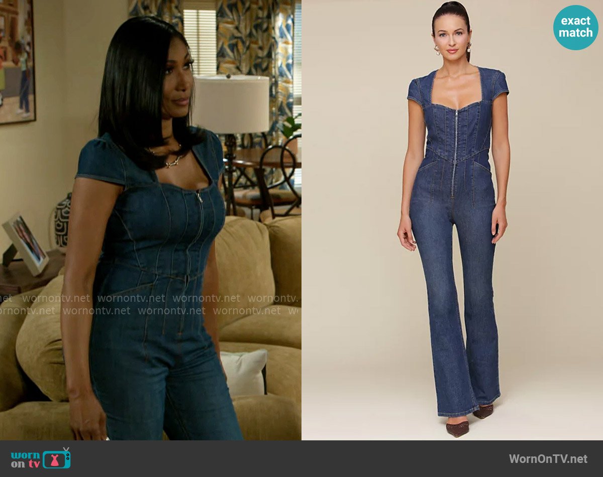 Avec Les Filles Sweetheart-Neck Corset Zip-Up Jumpsuit worn by Dana 'Leslie' Thomas (Trisha Mann-Grant) on Beyond the Gates