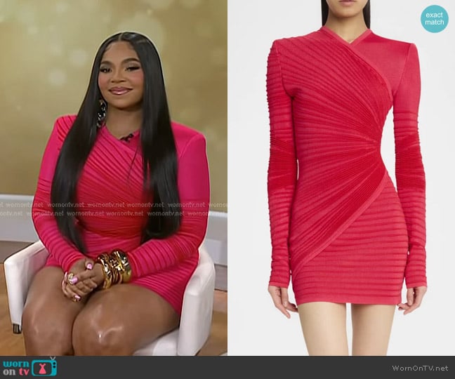 Balmain Flechage Knit Long-Sleeve Mini Dress in Pink Red worn by Ashanti on Today