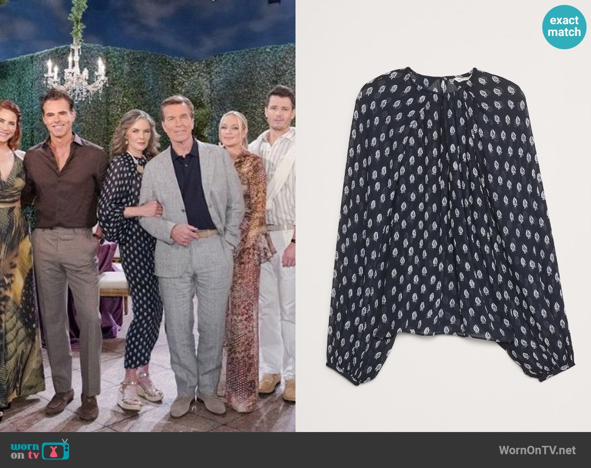 Banana Republic Chiffon Twist-Neck Top in Navy Blue Paisley worn by Diane Jenkins (Susan Walters) on The Young and the Restless