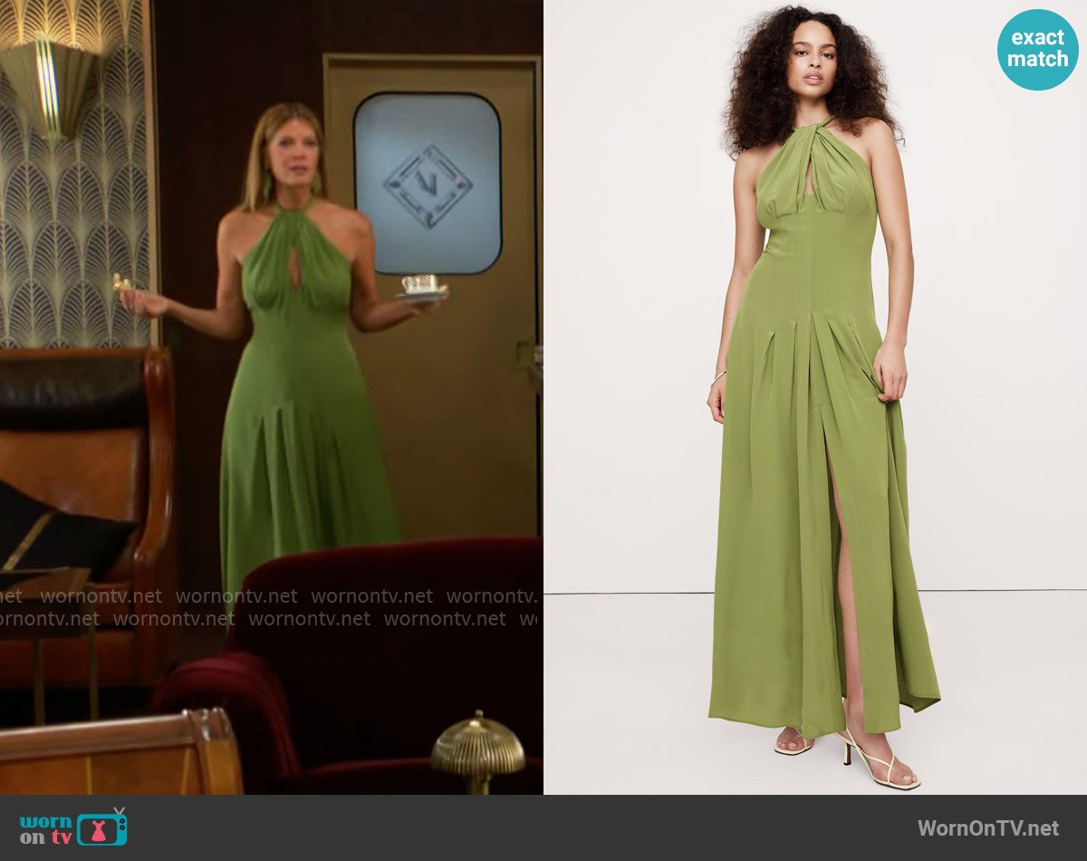 Banana Republic Matte Silk Halter Maxi Dress in Willow Green worn by Phyllis Summers (Michelle Stafford) on The Young and the Restless