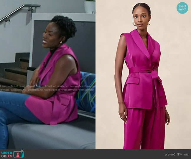 Banana Republic Silky Tie-Waist Vest in tropical berry worn by Priscilla Thompson on Today