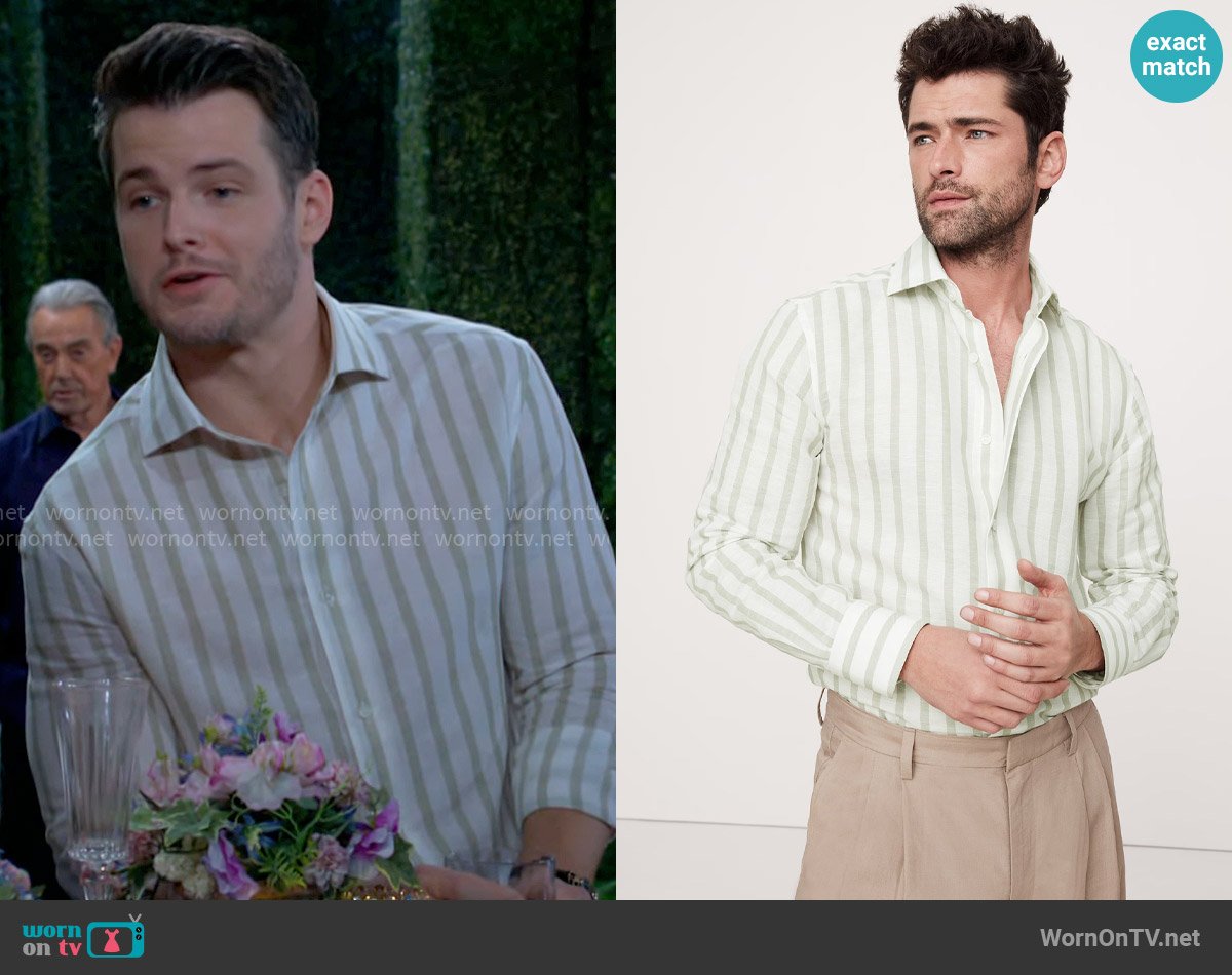 Banana Republic Slim-Fit Linen-Cotton Dress Shirt in Green Stripe worn by Kyle Abbott (Michael Mealor) on The Young and the Restless