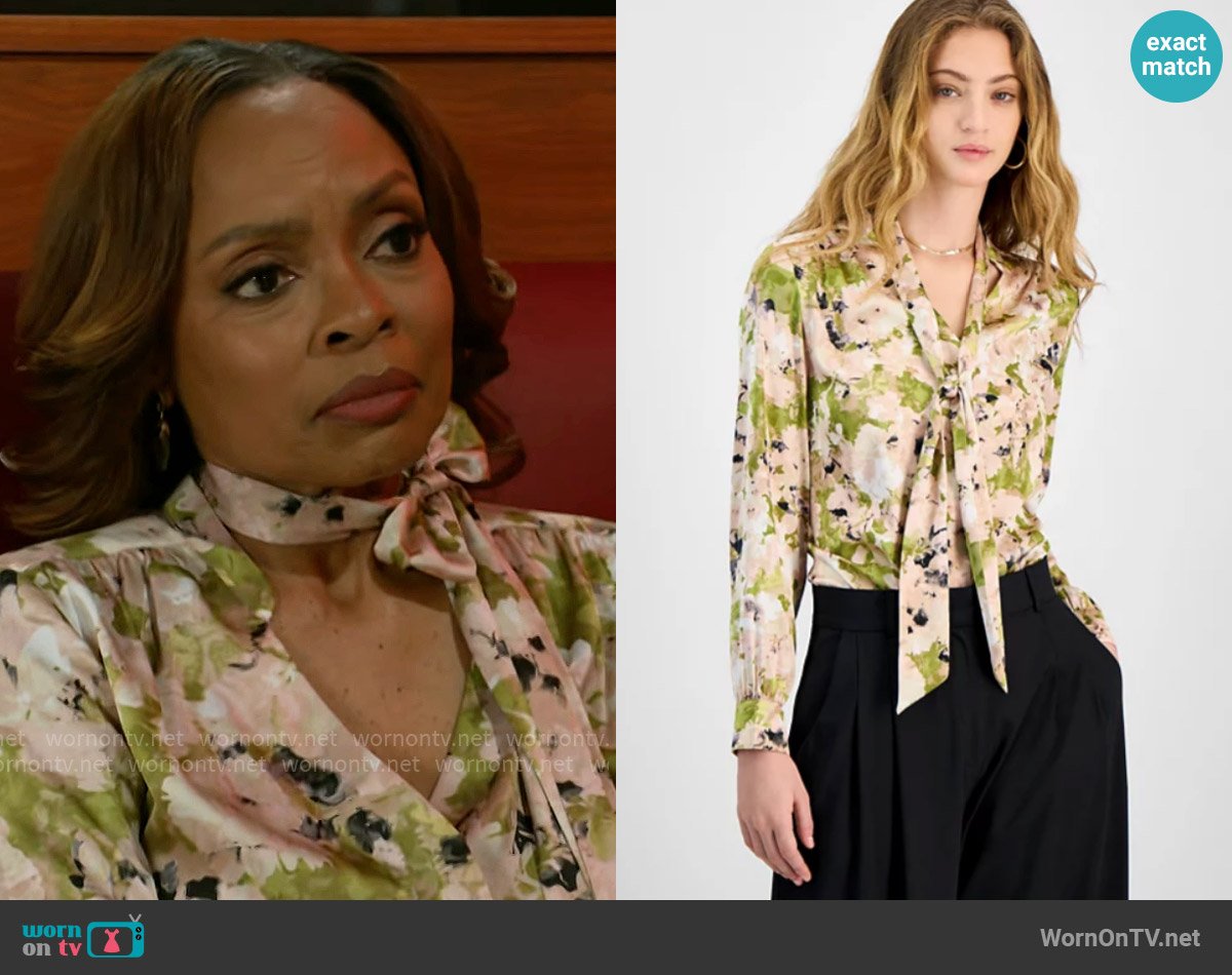 Bar III Floral Tie-Neck Blouse worn by Tracy (Maria Howell) on Beyond the Gates