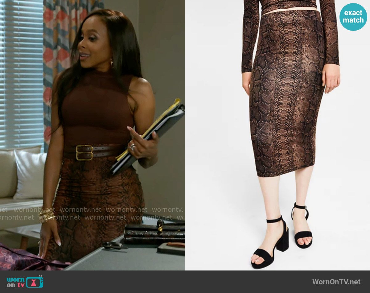 Bar III Snake-Print Jersey Pull-On Midi Skirt worn by Hayley Lawson (Marquita Goings) on Beyond the Gates