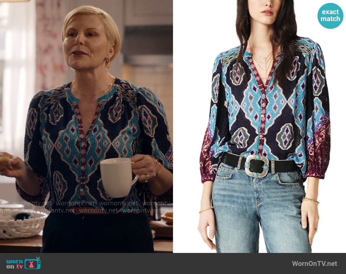 ba&sh V Neck Front Button Top worn by Ellen Baker (Jennifer Robertson) on Ginny & Georgia