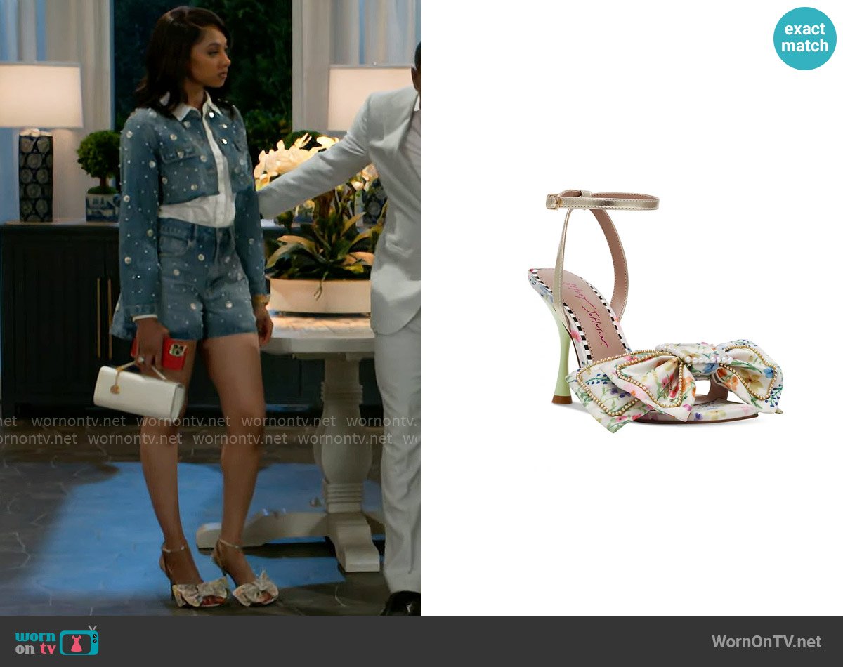 Betsey Johnson Denly Bow Two-Piece Stiletto Dress Sandals in Natural Ditsy worn by Kat Richardson (Colby Muhammad) on Beyond the Gates