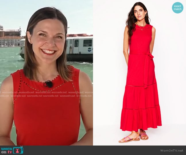 Boden Mila Trim Tiered Jersey Dress in Poppy Red worn by Maggie Rulli on Good Morning America