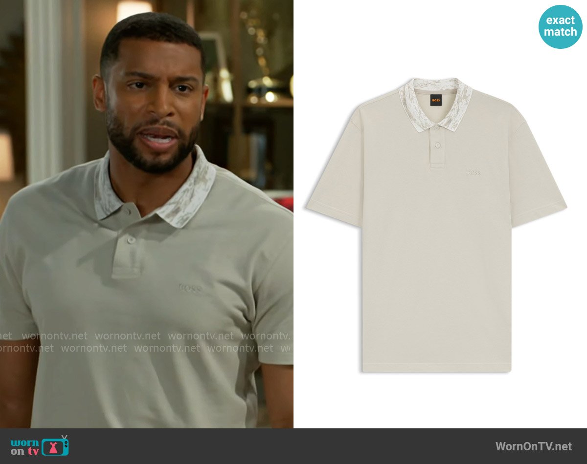 BOSS Relaxed-fit cotton-piqué polo shirt with collar artwork worn by Martin Richardson (Brandon Claybon) on Beyond the Gates