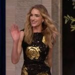 Brianne Howey’s black floral sequin mini dress on Live with Kelly and Mark