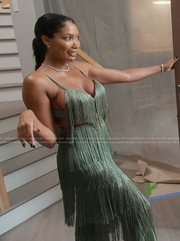Brit's sage green fringe top and pant set on The Real Housewives of Atlanta
