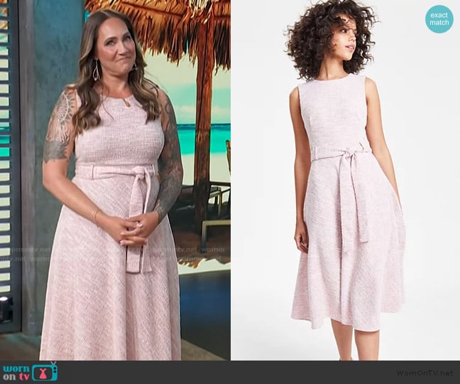 Calvin Klein Jewel-Neck Sleeveless Belted Tweed Midi Dress worn by Jene Luciani Sena on Access Hollywood