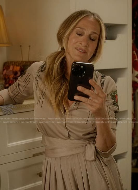 Carrie's printed wrap two-piece set on And Just Like That