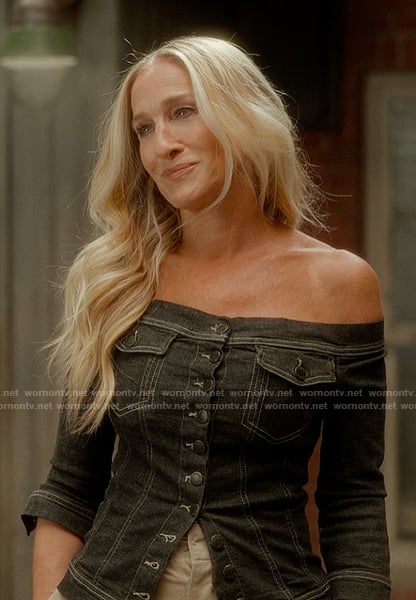 Carrie’s black denim off shoulder vest on And Just Like That
