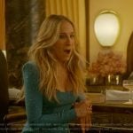 Carrie’s blue embellished square neck dress on And Just Like That