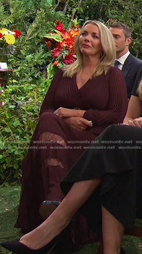 Carrie’s burgundy pleated dress on Days of our Lives