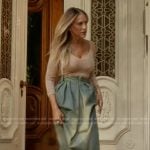 Carrie’s denim skirt and pumps on And Just Like That