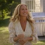 Carrie’s white floral print lace dress on And Just Like That