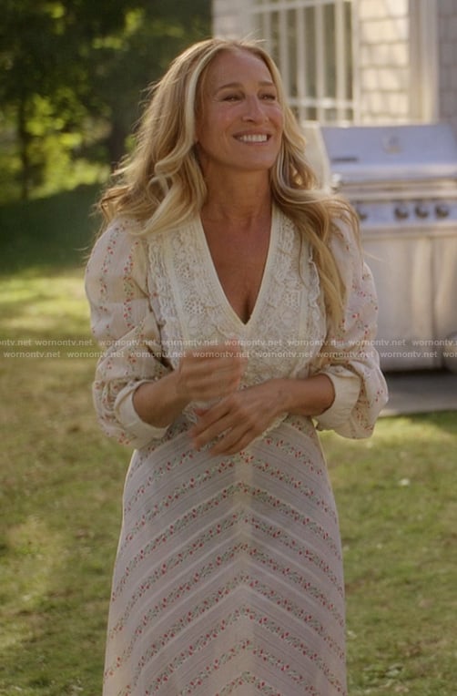 Carrie’s white floral print lace dress on And Just Like That