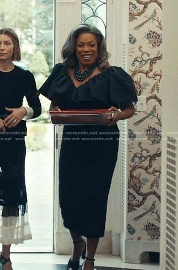 Catherine's black textured ruffle dress on The Better Sister
