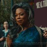 Catherine’s blue floral metallic dress on The Better Sister