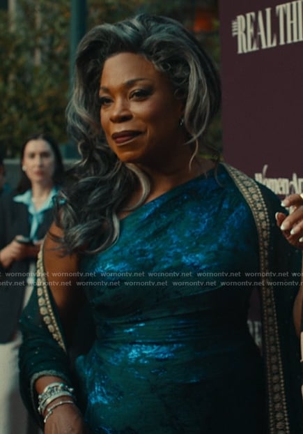 Catherine’s blue floral metallic dress on The Better Sister