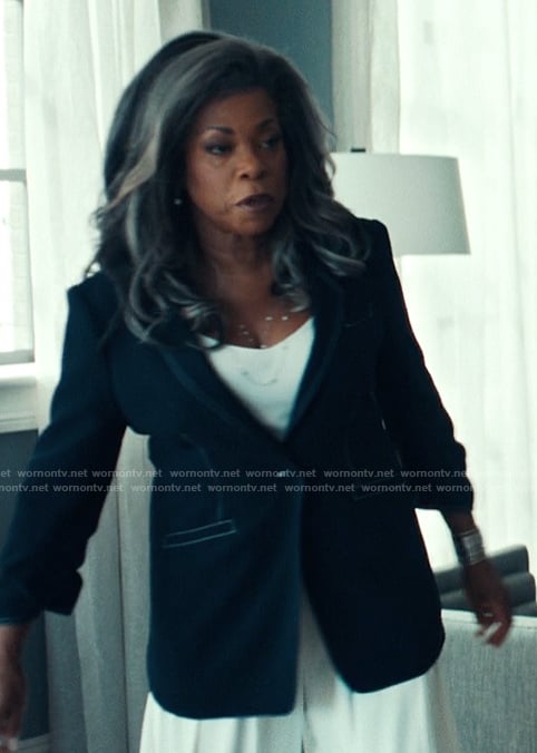Catherine's contrast stitch blazer on The Better Sister