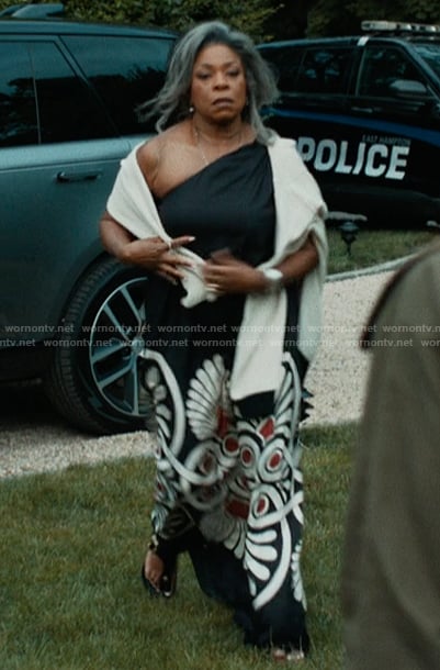 Catherine's black printed maxi dress on The Better Sister